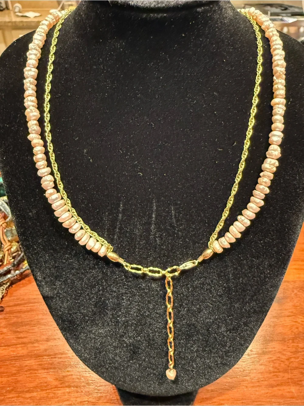 Layered Freshwater Pearl Gold Chain Necklace Amber Teardrop Pendant